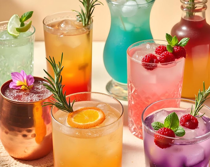 Glassware with Juices and Cocktails on Table in Rustic Yard – Refreshing Outdoor Drink Scene