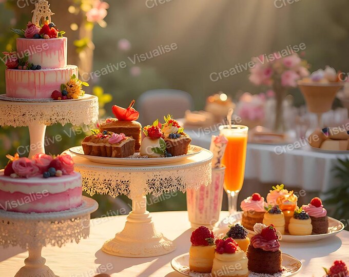 Garden Ceremony Table with Two-Tier Cake, Cream Cakes, and Orange Juice on Sunny Day