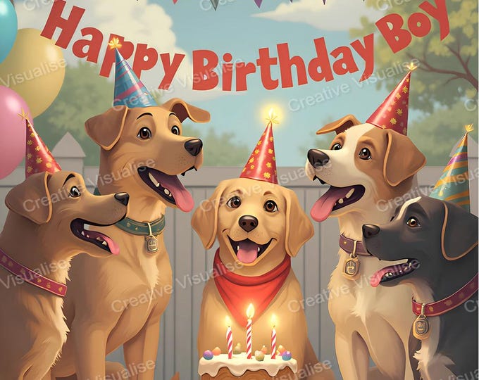 Dogs Celebrating Birthday Party with Cake, Hats, Decorations, and Lights Under Garden Tree