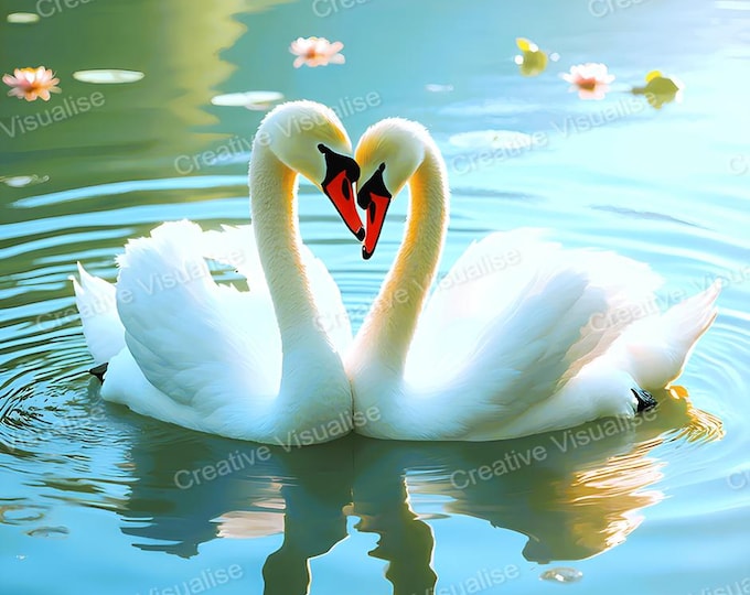 Two Swans in Love Wall Art Printable | Romantic Lake Couple Digital Download PDF & PNG