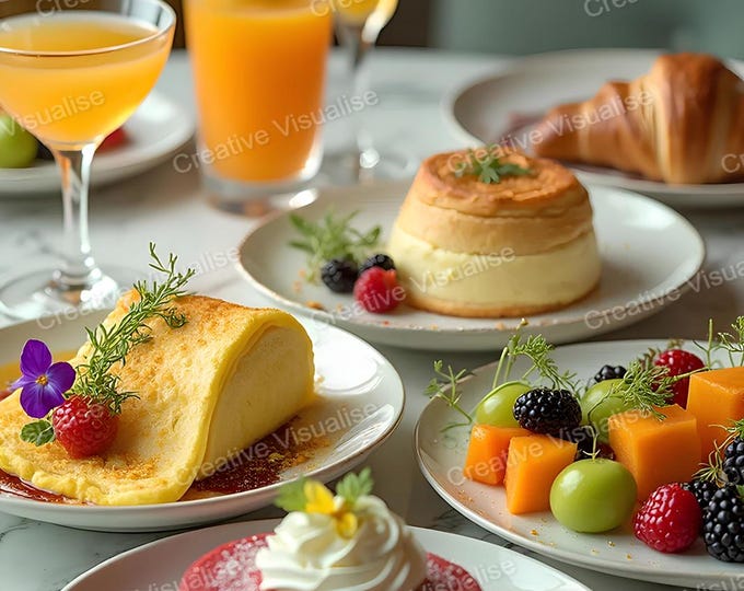 Breakfast Table with Cakes, Orange Juice, Fruit Salad, and Sausages – Delicious Morning Meal Scene