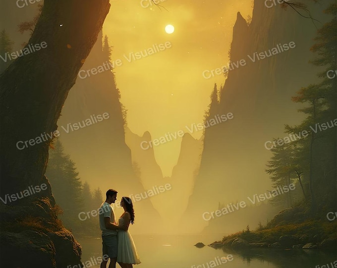 Two Lovers Under Moonlight by Lake in Mountain Landscape – Romantic Night Scene Wall Art