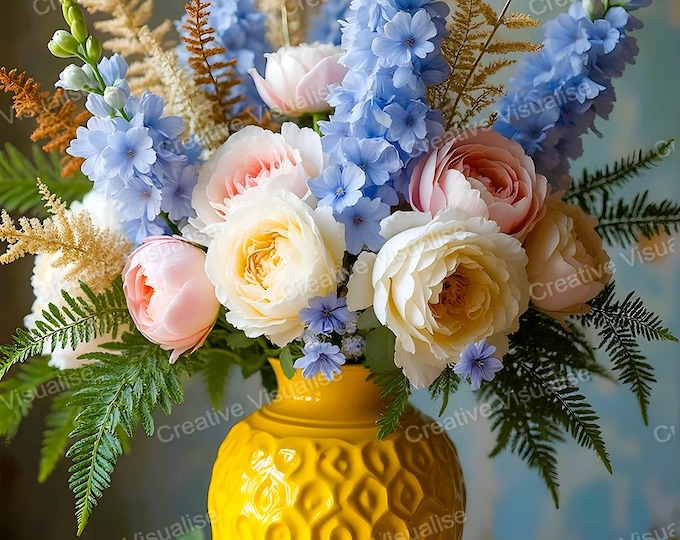 Colorful Flower Bouquet in Yellow Vase Printable Wall Art Floral Digital Download Home Decor