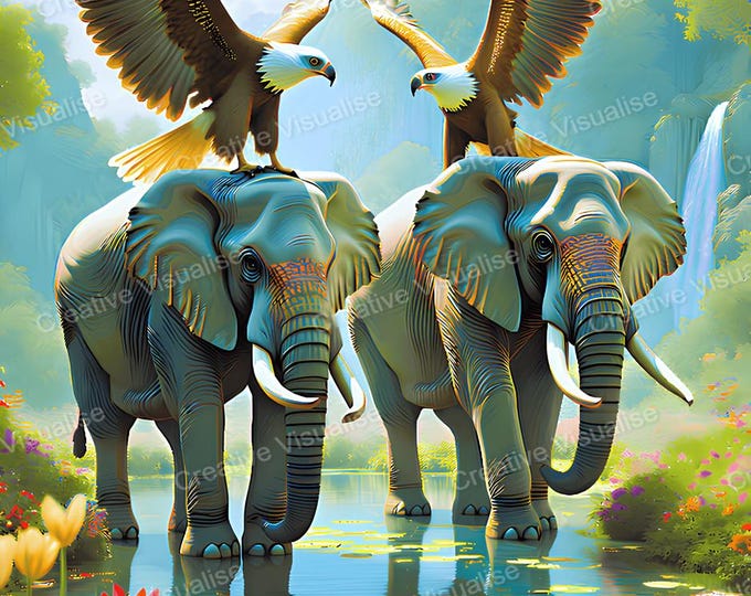 Elephant and Eagle Wall Art Printable | Wildlife Animal Digital Download PDF & PNG
