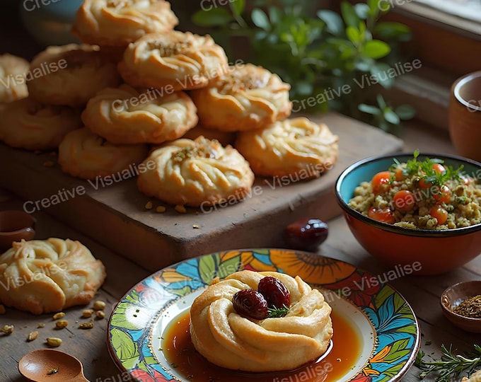 Local Cakes and Cookies with Pistachios, Cherries, and Sweet Toppings on kitchen table