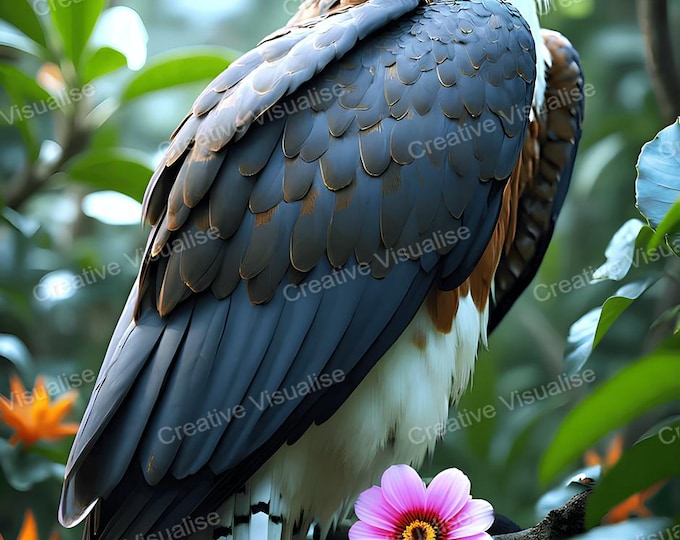 Eagle on Branch Between Flowers in Forest Printable Wall Art Digital Download High Resolution