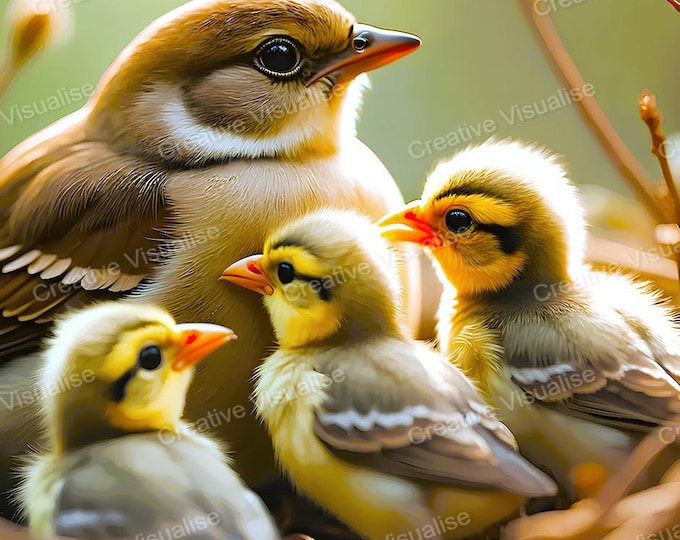 Bird Sitting with Fledglings in Nest Printable Wall Art, Digital PNG PDF 300 DPI