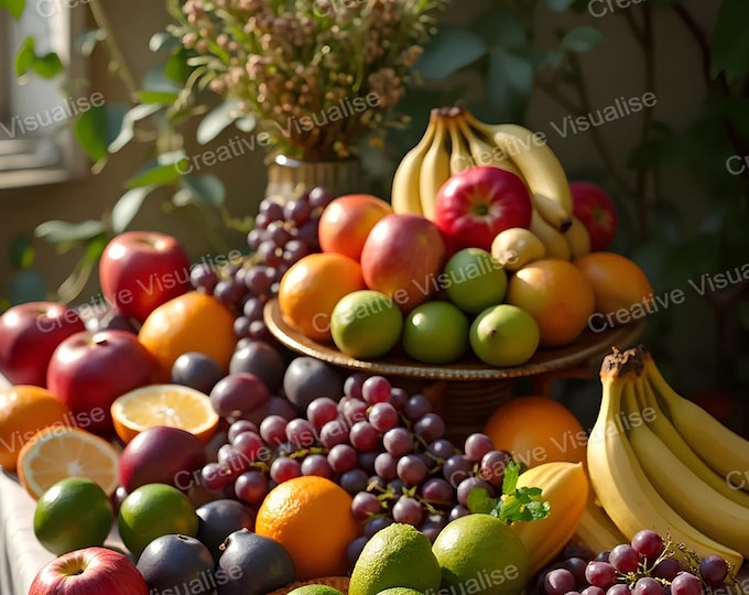 Fruit Bowl Overflowing with Bananas, Grapes, Apples, Oranges, and Pomegranates Covering Entire Table