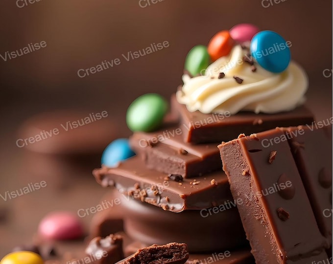 Stacked Chocolate Bars with Colorful Candy Pieces – Sweet Dessert Wall Art