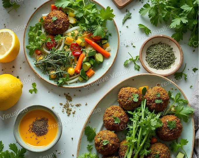 Falafel Dish with Bread, Vegetables, and Side Dishes Arranged on Table