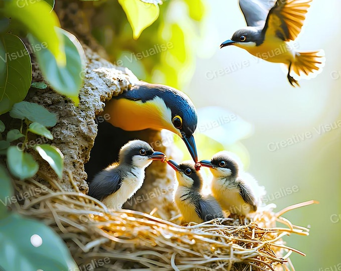 Birds Feeding Chicks in Nest Printable Wall Art, Digital PNG PDF 300 DPI