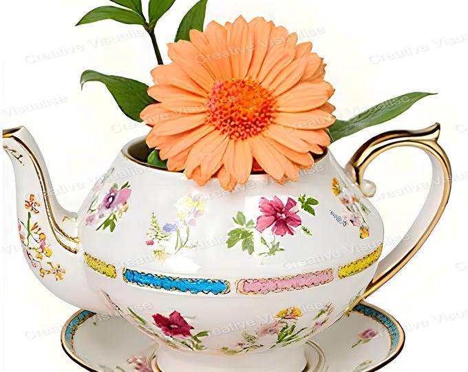 Large Leafy Orange Flower in Colorful Teapot Style Vase – Artistic Floral Art