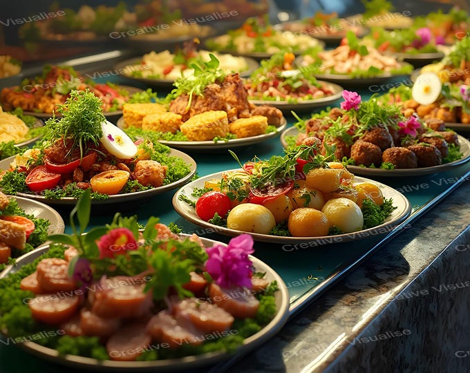 Deli Restaurant Window Display with Assorted Vegetarian and Non-Vegetarian Dishes