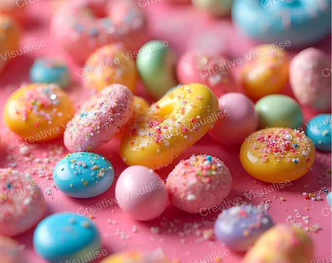 Colorful Sparkling Candies Scattered Across Pink Table Creating Bright Sweet Decorative Display
