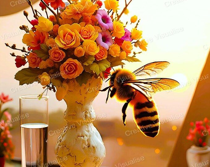 Colorful Flower Bouquets on Table with Bee at Sunset Printable Wall Art Decor