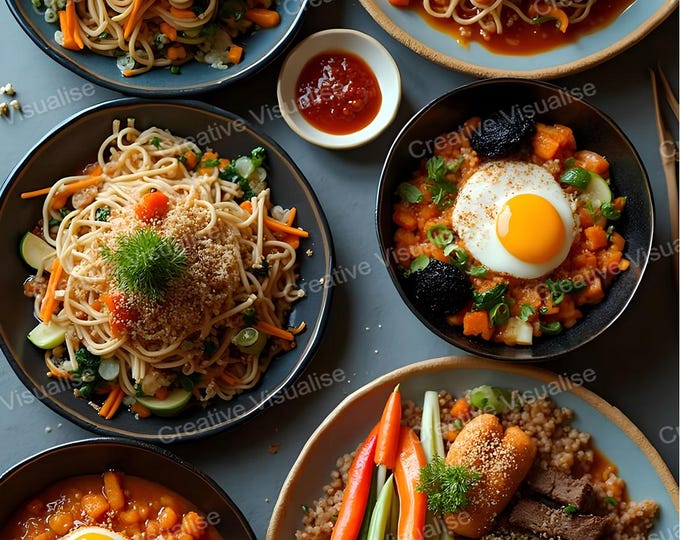 Rustic Table Setting with Traditional Homemade Dishes, Stews, Eggs, Noodles, Spaghetti, and Vegetables