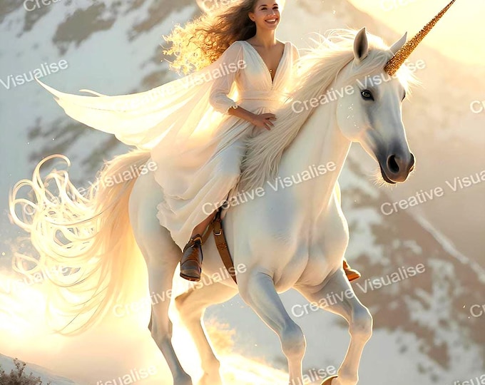Crowned Princess Riding Magical Unicorn Through Snowy Mountain Landscape Under Bright Winter Sky