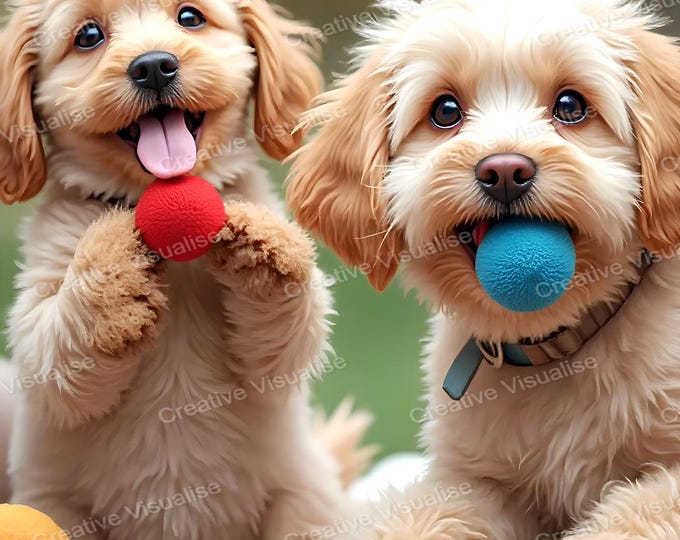Puppy Playtime: Two Maltipoo Dogs Playing with Small Colorful Balls in Cheerful Scene