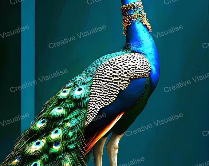 Peacock with Woman Dress Printable Wall Art Fashion Model Colorful Exotic Whimsical Decor