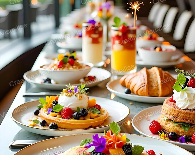Assorted Desserts, Sweets, Cakes, Fruits, Ice Cream & Juices on Elegant Restaurant Table Setting