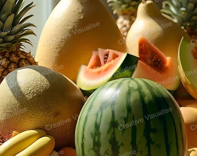 Whole Fruits Display with Melons, Watermelons, Pineapples, Bananas, and More – Bright Window Light Scene