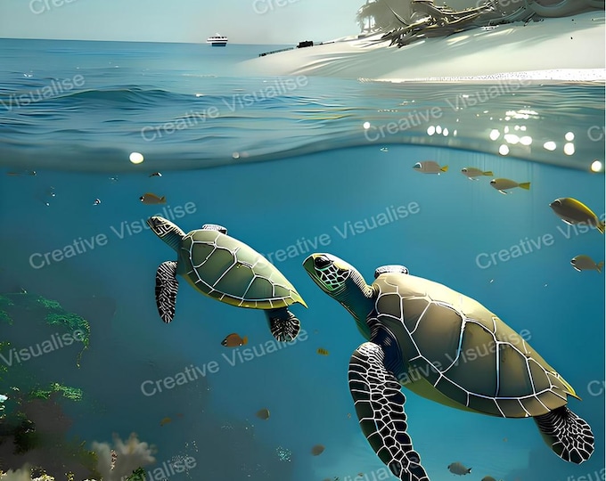 Sea Turtles Swimming in Ocean Near Palm Tree Beach – Tropical Marine Life Wall Art