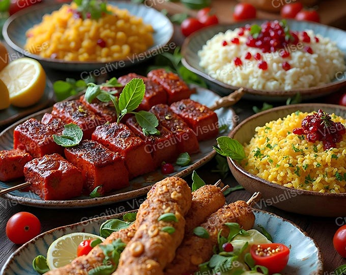 Traditional Rural Feast Table with Assorted Kebabs, Rice, and Fresh Vegetables