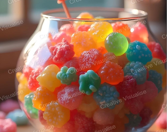Colorful Candy, Pastels, and Lollipops in Large Glass Bowl – Vibrant Sweet Treat Wall Art