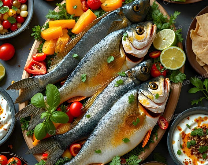 Tray of Fresh Fish Ready for Grilling with Vegetable Garnish – Rustic Seafood Kitchen Art