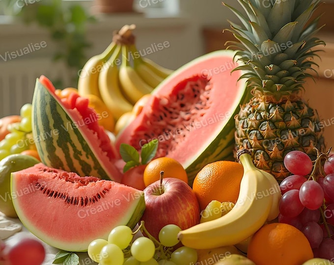 Large Table Covered with Watermelon, Pineapple, Bananas, Apples, Oranges, and Other Fresh Fruits