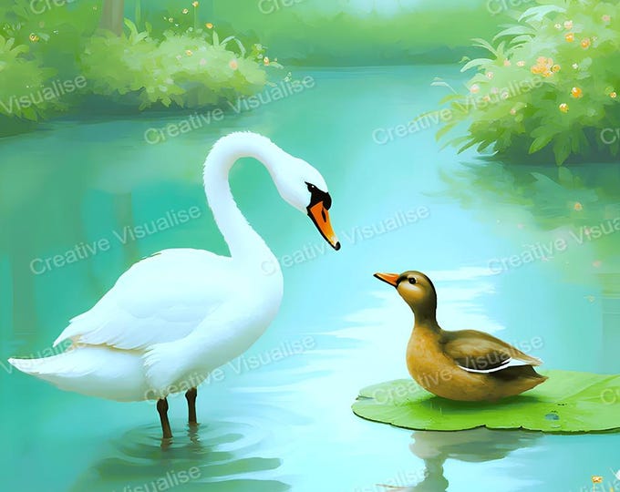 Swan Playing with Duck Wall Art Printable | Waterbird Digital Download PDF & PNG