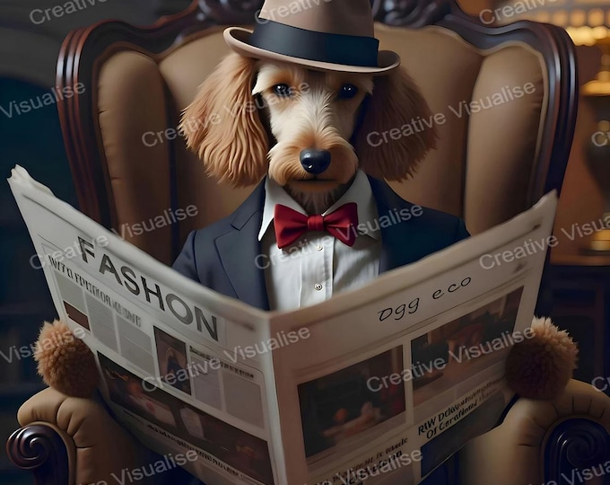 Dog Wearing Suit and Hat Sitting on Sofa Reading Newspaper in Room Fantasy Scene