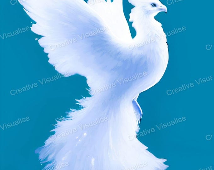 White Phoenix Flying on Blue-Green Background Fantasy Mythical Bird Art Print
