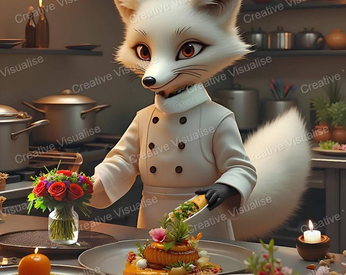 Fantasy Chef Fox Cooking in Kitchen with Chef Hat – Whimsical Culinary Animal Art