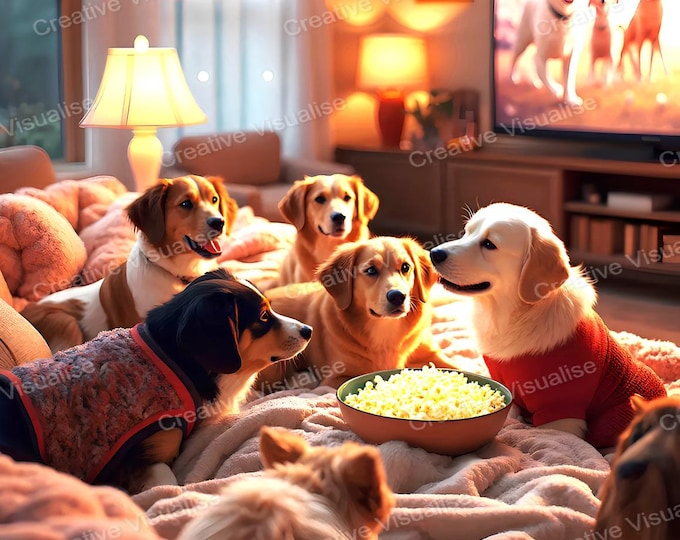Family of Dogs Sitting on Sofa Eating Popcorn and Watching TV