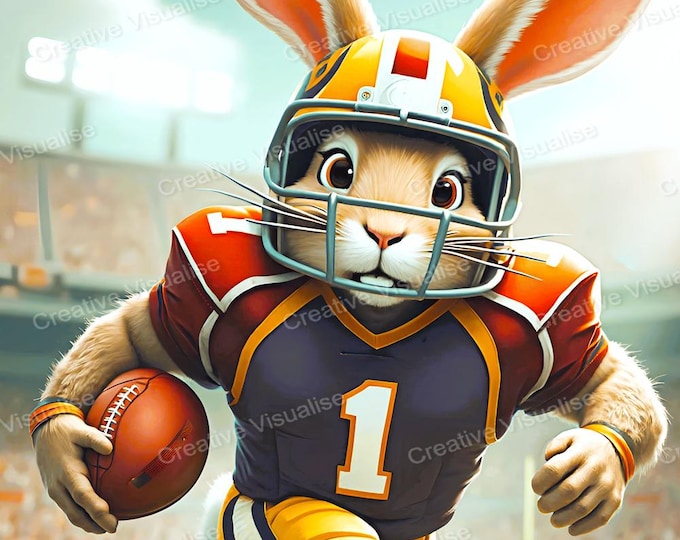 Fantasy Rabbit Rugby Player in Stadium with Uniform and Ball – Whimsical Sports Animal Art