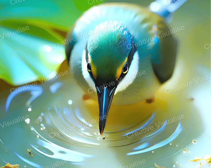 Bird Drinking Water Printable Wall Art, Digital PNG PDF 300 DPI