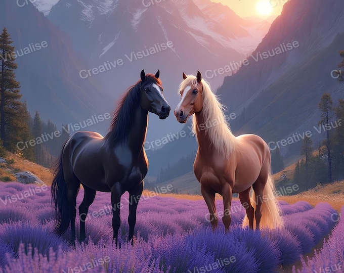 2 Wild Horses Standing in Lavender Field Between Mountains at Sunset, Romantic Nature Artwork