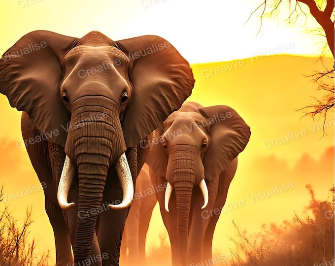 Elephants Walking Across Savanna Plain Beneath Warm Golden Sky Landscape