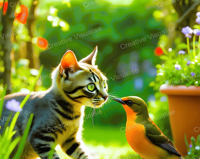 Kitten and Bird Artwork, High-Resolution Animal Digital Download PDF and PNG
