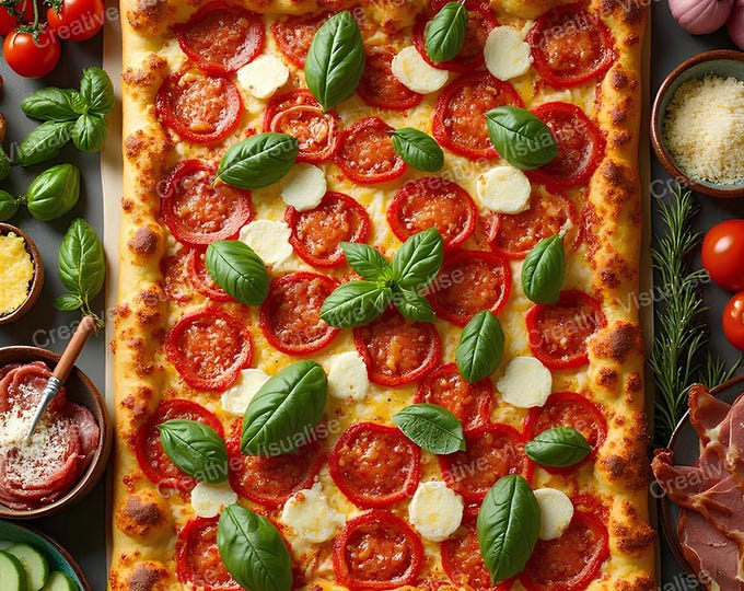 Rectangle Vegetable Pizza with Salads on Table – Colorful Food Digital Artwork