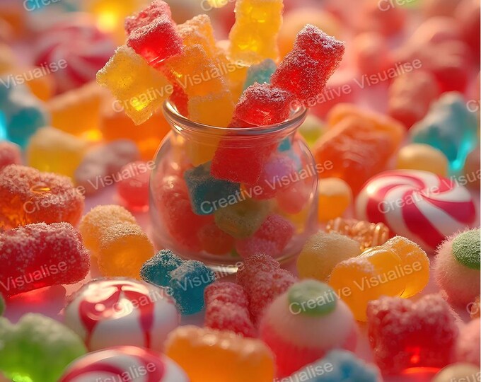 Colorful Candies and Pastels Scattered on Table with Glass Jar – Sweet Dessert Wall Art