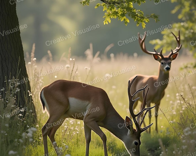 Two Deer, One Standing and One Drinking from Stream in Forest Beneath Trees