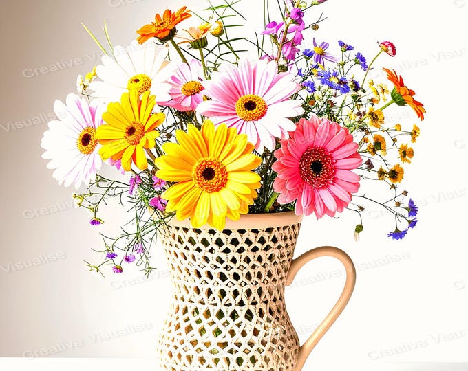 Colorful Flower Bouquet in Beige Clay Mesh Style Vase – Rustic Floral Wall Art