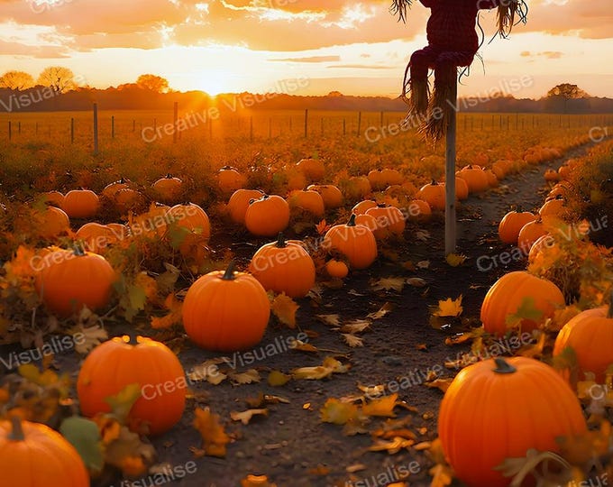 Pumpkin Field with Scarecrow at Sunset Printable Wall Art Autumn Harvest Digital Download Decor