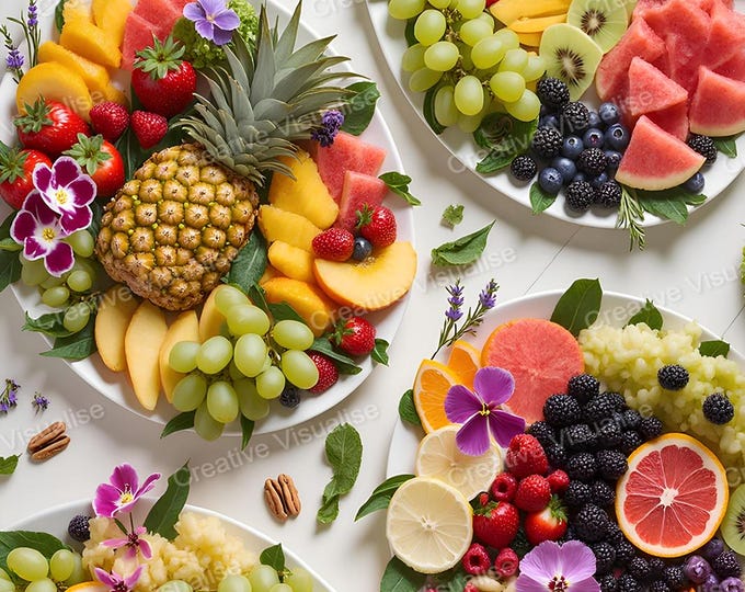 Porcelain Dishes Filled with Colorful Chopped Fruits Arranged Beautifully Side by Side