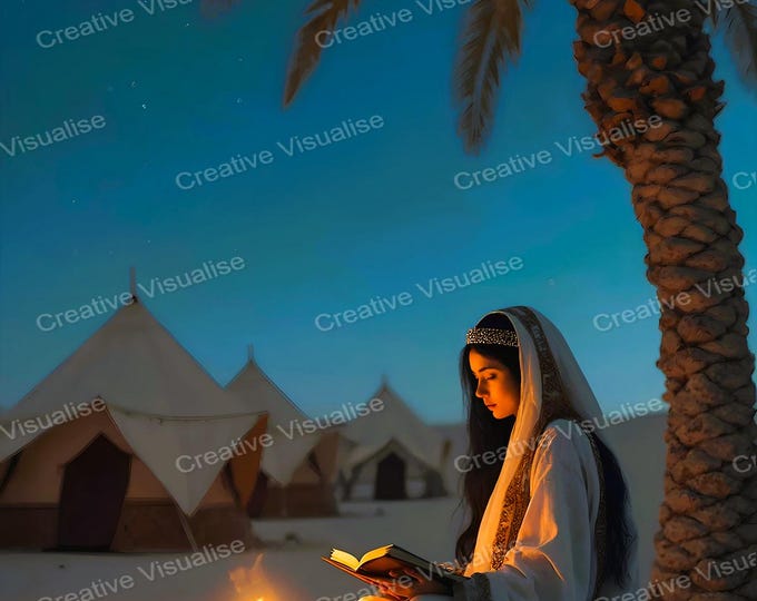 A Girl Reading by Campfire in Desert with Tents and Palm Trees: Starry Night Scene