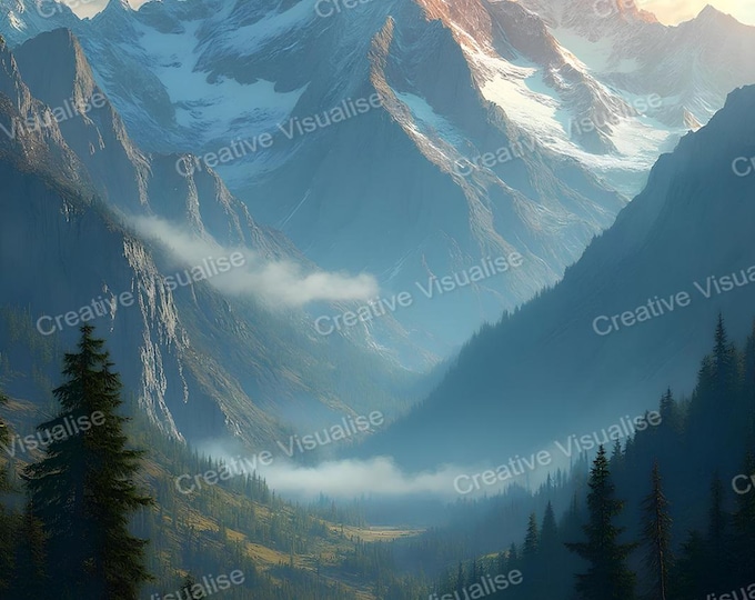 Snowy Mountain Peak Above Foggy Forest Valley with Small River Flowing Through