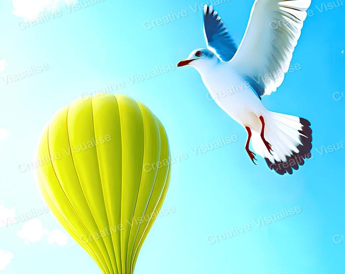 Seagull Bird and Hot Air Balloon in the Sky Printable Wall Art Digital Download