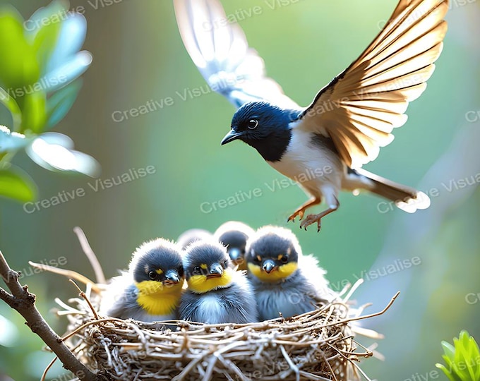 Bird Flying Above Fledglings in Nest Printable Wall Art, Digital PNG PDF 300 DPI